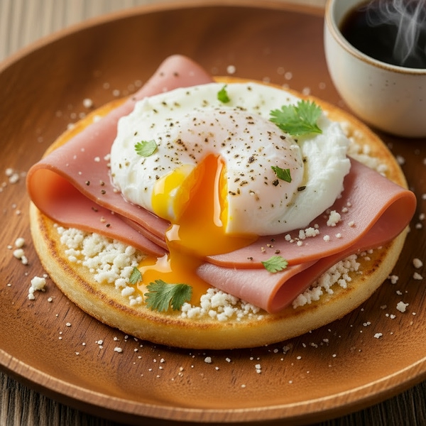 Arepa con jamón y huevo pochado