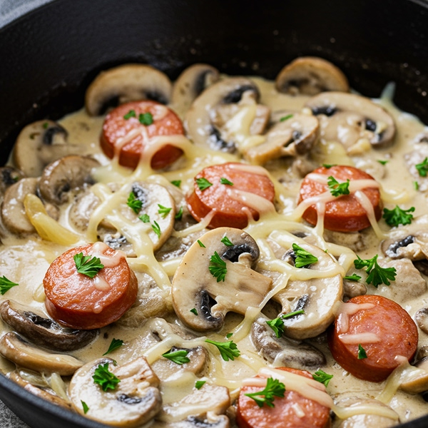Salteado cremoso de champiñones y salchicha Kimby