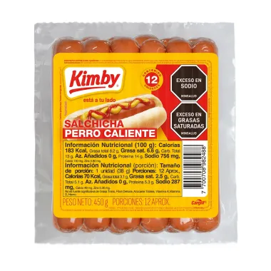 Empaque de Salchicha Perro Caliente Kimby 450g con etiqueta frontal, presentación de 12 unidades.