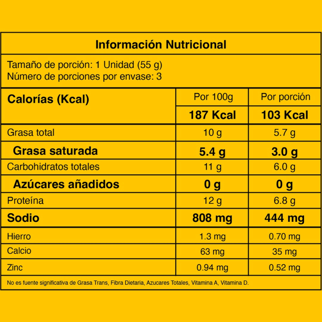 Chorizo mixto 165 gramos 3 unidades tabla nutricional