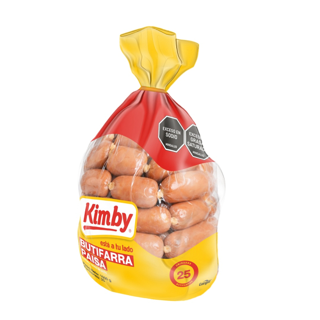 Butifarra Paisa Kimby, empaque de 1 kg con 25 unidades. Producto de mezcla de pollo.
