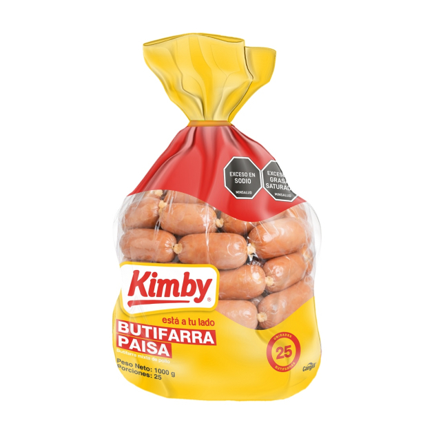 Butifarra Paisa Kimby de vista 3/4, empaque de 1 kg con 25 unidades. Producto de mezcla de pollo.