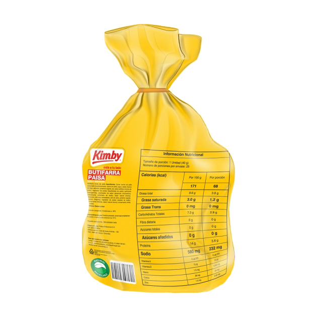 Butifarra Paisa Kimby, empaque de 1 kg con 25 unidades. Producto de mezcla de pollo con tabla nutricional.
