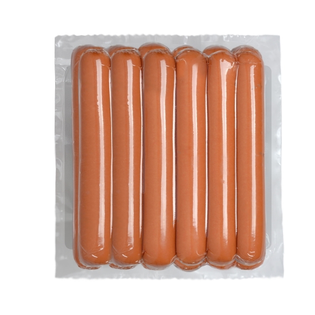 Salchichas para perro caliente Kimby 450g en empaque sellado al vacío, vista posterior del producto.