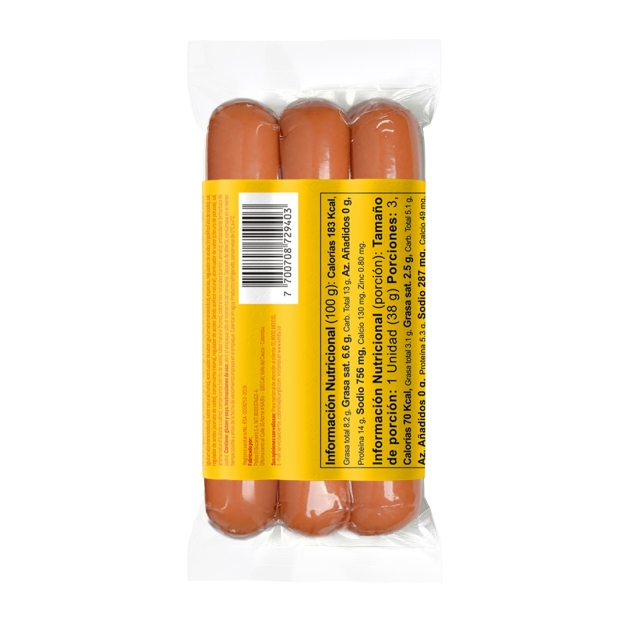 Paquete de 3 Salchichas Kimby para perro caliente parte de atras con tabla nutricional