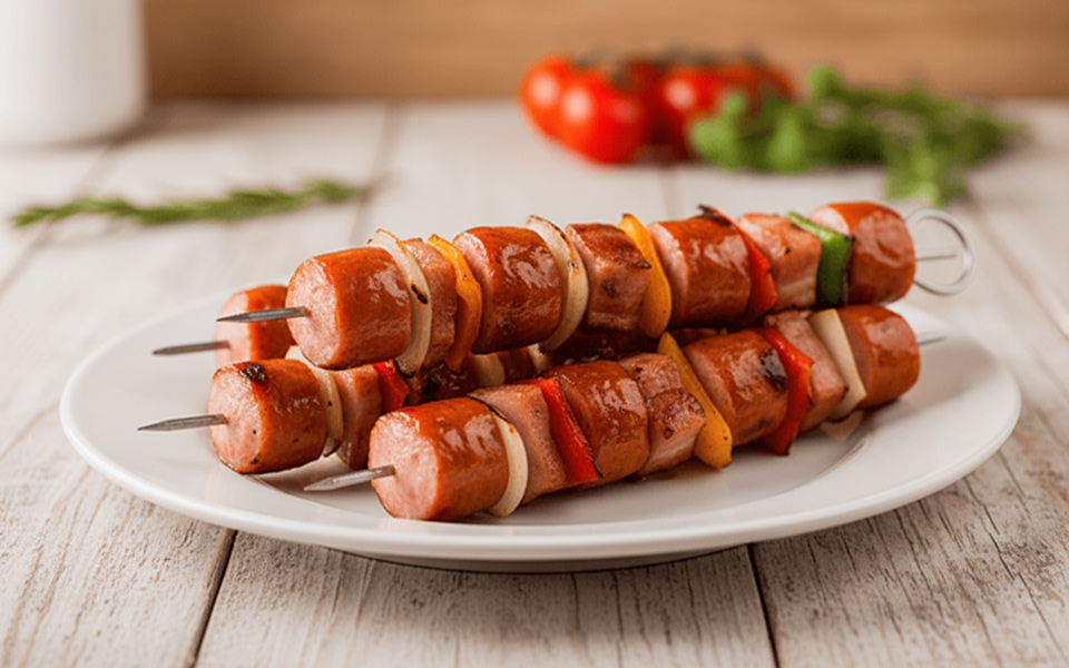 Brochetas de salchicha con vegetales