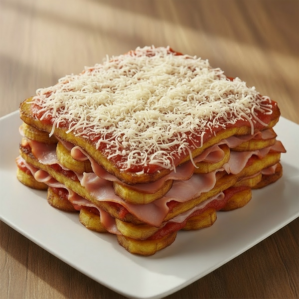 Lasaña de jamón Kimby y plátano maduro