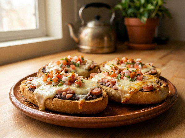 Molletes con Jamón, Salchicha y Queso