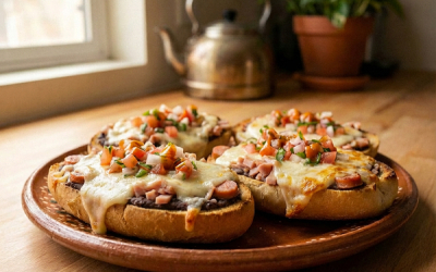 Molletes con Jamón, Salchicha y Queso