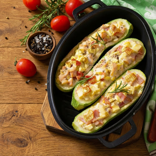 Tres pipianes (calabacines) cortados a lo largo y rellenos con jamón en cubos y queso gratinado, colocados dentro de una sartén negra sobre una mesa de madera, acompañados de tomates cherry, romero fresco y un pequeño recipiente con sal y pimienta.