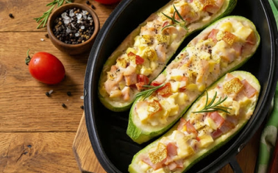 Tres pipianes (calabacines) cortados a lo largo y rellenos con jamón en cubos y queso gratinado, colocados dentro de una sartén negra sobre una mesa de madera, acompañados de tomates cherry, romero fresco y un pequeño recipiente con sal y pimienta.